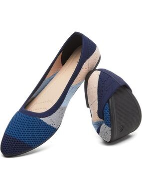 HEAWISH Blue, Grey, and Beige Striped Knit Pointed Toe Ballet Flats -10 / 41-